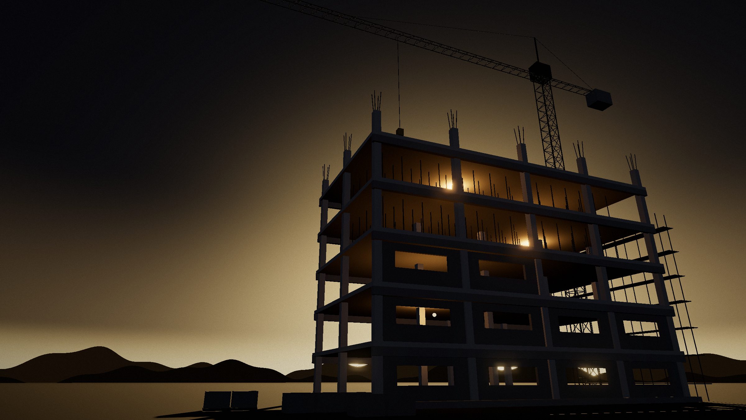 Prédio em construção ao entardecer, com grua e luzes de obra acesas
